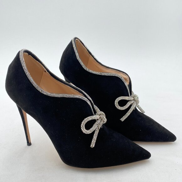 YDN Black Suede Pointed Toe Studded Pumps V Cut Stiletto Heels Rhinestone Shoes - Picture 4 of 7